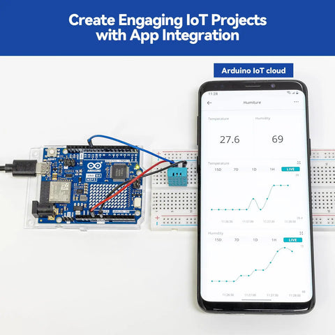 All In One Arduino Starter Kit With Uno R4 WiFi Bluetooth IoT ESP32 LCD1602 OLED showing sensor data on smartphone.