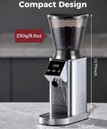Level Up Your Daily Cup With This Rock Solid Conical Burr Coffee Grinder Packing 48 Precision Settings And Butter Smooth Electric Grinding For Fresh Espresso To French Press Perfection In Sleek Silver, compact design with digital display.
