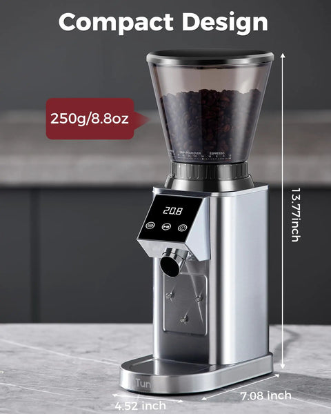Level Up Your Daily Cup With This Rock Solid Conical Burr Coffee Grinder Packing 48 Precision Settings And Butter Smooth Electric Grinding For Fresh Espresso To French Press Perfection In Sleek Silver, compact design with digital display.