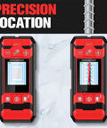 Concrete Stud Finder Wall Scanner, Live Wire Cable Detector showing measurement modes on a sleek red device.
