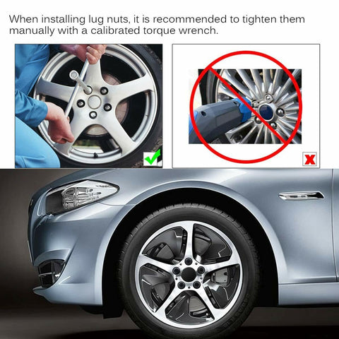 Manual tightening of lug nuts on a car wheel using torque wrench, related to Beefy M14x1.5 Wheel Lug Stud Nut Set for Cars and SUVs.