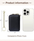 RFID Blocking Leather Card Holder With Detachable Keychain Slim Wallet For Men And Women next to iPhone 15 Pro for size comparison