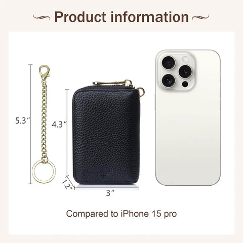 RFID Blocking Leather Card Holder With Detachable Keychain Slim Wallet For Men And Women next to iPhone 15 Pro for size comparison