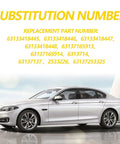 BMW car with substitute part numbers for LED side marker turn signal lights, including 63133418445, 63133418446 displayed above.