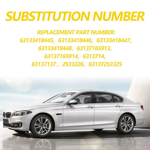 BMW car with substitute part numbers for LED side marker turn signal lights, including 63133418445, 63133418446 displayed above.