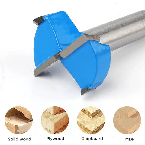 Close-up of a blue carbide tipped Forstner bit for wood drilling kit, showing its cutting edge and compatibility with solid wood, plywood, MDF.