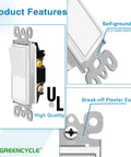 Single Pole Rocker Light Switch 15 Amp White Paddle Style On Off Wall Switch For Home And Office Built Tough No Fuss Install Residential And Commercial Grade Impact Resistant close-up with self-grounding and break-off plaster ear