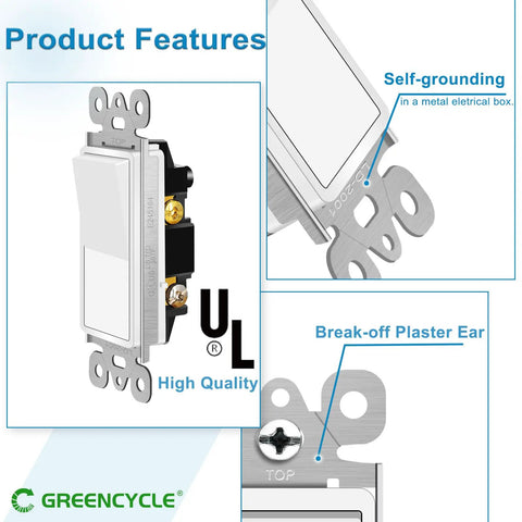 Single Pole Rocker Light Switch 15 Amp White Paddle Style On Off Wall Switch For Home And Office Built Tough No Fuss Install Residential And Commercial Grade Impact Resistant close-up with self-grounding and break-off plaster ear