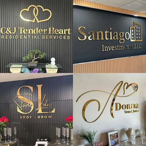 Wall displays with different logos, showcasing 3D laser-cut acrylic signs for branding, featuring gold and black designs.