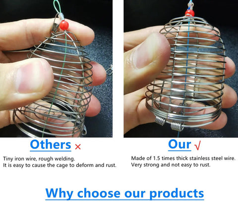 Comparison of carp fishing bait cage feeders, iron wire vs stainless steel, featuring Set Of 10 Carp Fishing Bait Cage Feeder Baskets.