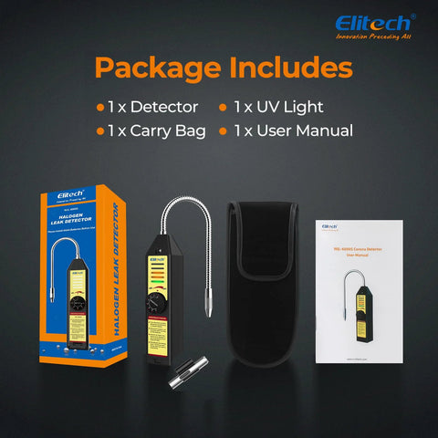 Elitech WJL-6000S halogen refrigerant leak detector kit with flexible gooseneck probe, carry case, and manual