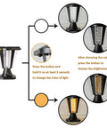 Diagram showing color and brightness adjustment for Large Outdoor Solar Powered LED Light Warm White Pillar Lamp 2-Pack.