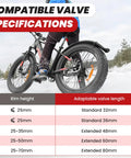 1 Pack 20x4 Fat Tire Inner Tube With Schrader Valve For Mountain Bikes And E Bikes with compatibility chart and snow backdrop