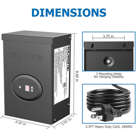 Dimensions of 200W Low Voltage Landscape Transformer With Timer And Photocell Sensor Waterproof Ideal For LED Landscape Lighting Path Lights And Outdoor Spotlights From 120V To 12V ETL Listed