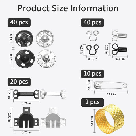 Image of Must Have 224 Pcs Sewing Hooks And Eyes Closure Set With varied size hooks, eyes, snaps, pins, and thimbles.