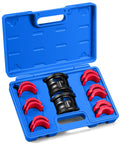 14 Piece Universal Motorcycle Fork Seal Driver Kit With 35mm To 50mm Adapters in blue case, red and black components visible