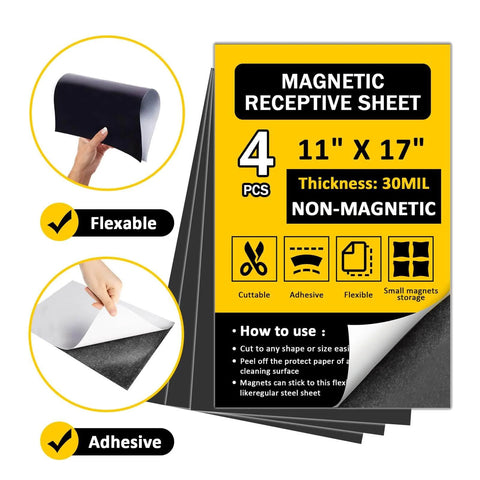 Flexible Iron-Particle Vinyl Magnetic Receptive Sheet 11 By 17 Inches Four Pack With Adhesive Backing, product details shown.