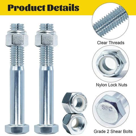 8 Pack Grade 2 Beefy Shear Bolts With Nylock Nuts For Rotary Cutters And Tractors, close-up of bolts and nuts details