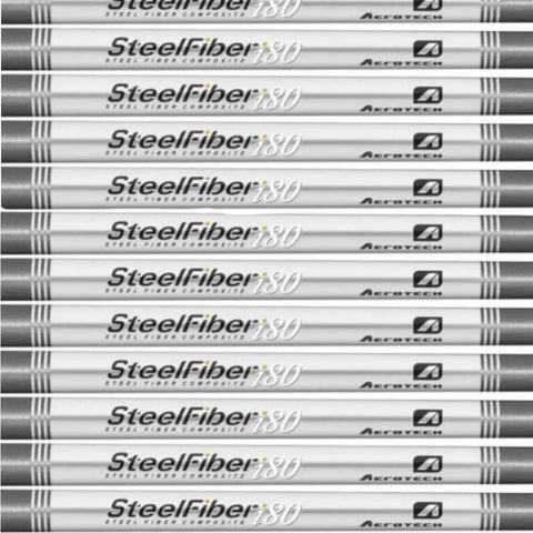 SteelFiber i80cw Graphite Iron Shaft Set.355 Taper Tip six graphite shafts with logos aligned in rows.