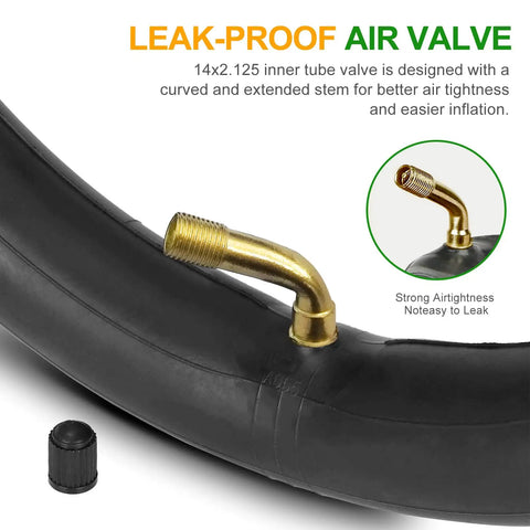 Close-up of the leak-proof Schrader valve on a 2-Pack 14X2.125 Heavy Duty Bike Inner Tubes With 2 Tire Levers Schrader Valve For Small Bicycles And Scooters Durable Butyl Rubber Long Lasting Air Retention Fat Tire Ready Replacement.