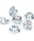 Zinc-plated steel T-nuts with four prongs; six-piece pack with threaded barrels