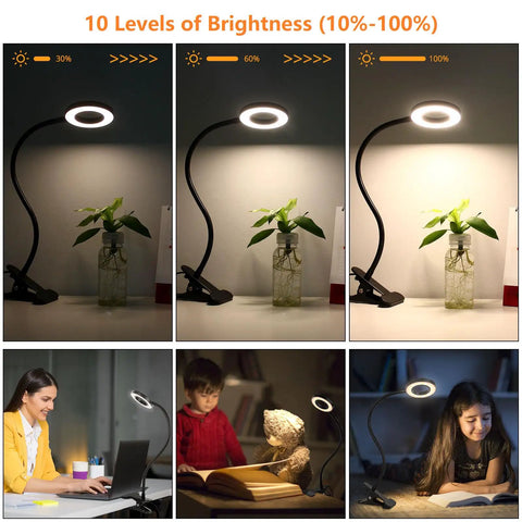 Clip On Desk Lamp With Clamp, 3 Lighting Modes And 10 Dimming Levels, shown illuminating a desk and bedside setting, black finish