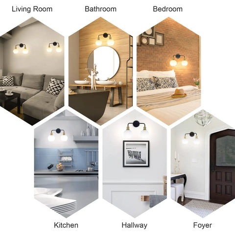 Dope Two Light Vanity Light Over Mirror 17 Inch Black And Gold Wall Sconce Lighting With White Glass Globe Shades Mid Century E26 Socket Damp Location Bathroom Fixture Bulbs Not Included shown in various room settings.