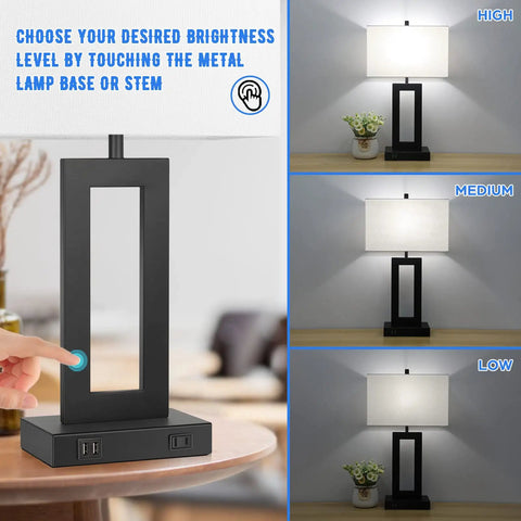 Pair Of Dope Modern Touch Control Bedside Lamps With USB Ports showing dimming levels and touch control features.