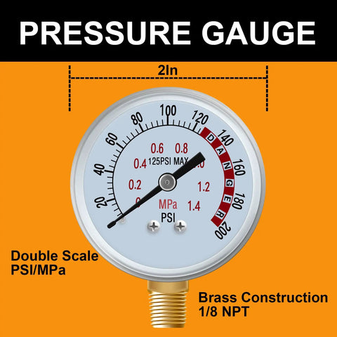 Pressure gauge with brass construction and double scale PSI/MPa, part of the 2 Pack Heavy Duty Air Tank Repair Kit Featuring Hella Tough Brass Manifold.