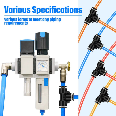 20 Pack 1 Quarter Inch Pneumatic Push To Connect Tee Fittings Plastic 3 Way Air Line Adapter Quick Connect Tube Connectors For Industrial Automation Auto Repair DIY Air Tools Easy Snap Fit, shown in various connected configurations.