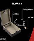 Compact Portable Mini Safe With Key Lock For Office Or Dorm Stash Cash Keys Passports And Small Valuables Perfect For Campus Coffee Shops And Desk Security showing included items: lock box, two keys, and tethering cable.