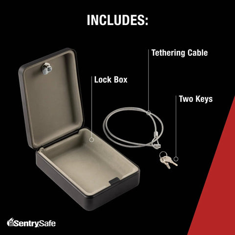 Compact Portable Mini Safe With Key Lock For Office Or Dorm Stash Cash Keys Passports And Small Valuables Perfect For Campus Coffee Shops And Desk Security showing included items: lock box, two keys, and tethering cable.