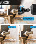 Hakkin 2-pack hex-shank deburring external chamfer tool with carbide blade installed in a drill, clockwise operation.