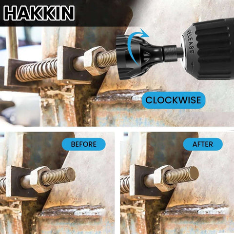 Hakkin 2-pack hex-shank deburring external chamfer tool with carbide blade installed in a drill, clockwise operation.