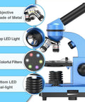 Kid Friendly Compound Microscope Kit 40X To 1000X With LED Illumination, highlighting features like metal objectives and dual LED lights.