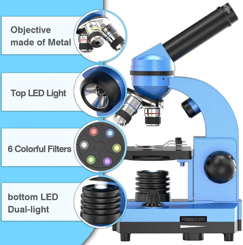 Kid Friendly Compound Microscope Kit 40X To 1000X With LED Illumination, highlighting features like metal objectives and dual LED lights.