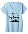 Blue Womens Powered Paragliding T Shirt With Paramotor Mode On Graphic Tee For Paraglider Fans V Neck Lightweight Comfort Fit