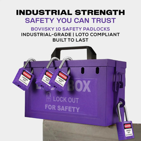 Lockout Tagout Locks Set With Two Purple Keyed Different Safety Padlocks on purple lockbox for industrial safety programs.