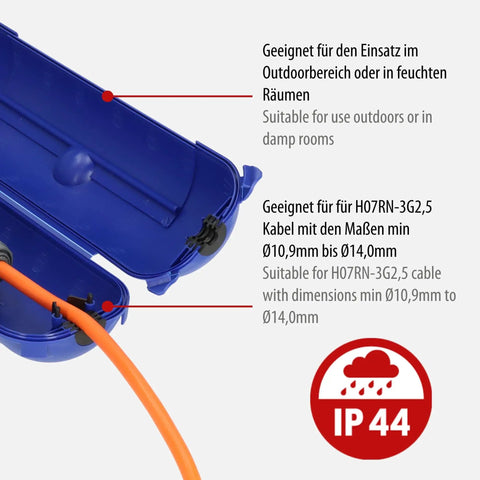 Outdoor IP44 Protected Power Box For 230V Extension Cables, Lockable Weatherproof Protective Case in blue with orange cable