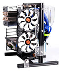 Beefy Open Air PC Frame Test Bench For ATX MATX ITX Builds, Aluminum DIY Chassis with dual fans and blue wiring side view