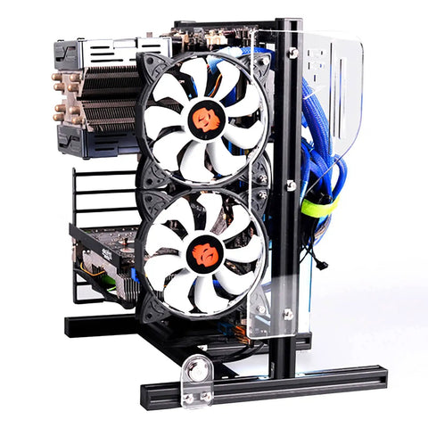 Beefy Open Air PC Frame Test Bench For ATX MATX ITX Builds, Aluminum DIY Chassis with dual fans and blue wiring side view
