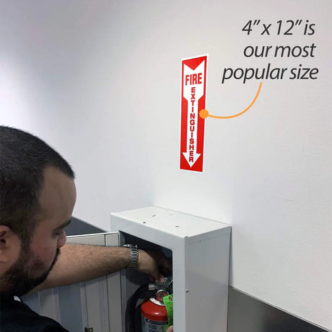 Reflective Fire Extinguisher Sign Sticker With Down Arrow Pack Of 3 4 By 12 Inches Vertical Sign For Biz And Home Engineer Grade Decals displayed above a fire extinguisher cabinet