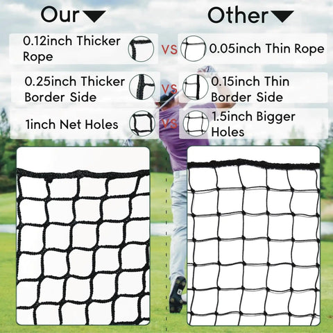 Comparison of Heavy Duty Nylon Golf Practice Net For Indoor And Outdoor Use with thicker rope and net holes against another net