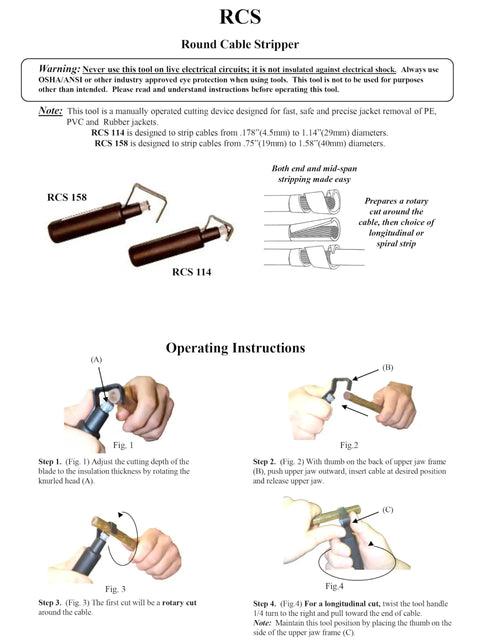 Diagram of Hard Cable Jacket Strippers For Pros with models RCS 158 and RCS 114, including usage instructions and features.