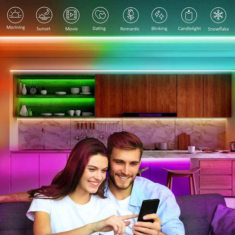 Couple using app to control Two Rolls 130 Ft LED Strip Lights For Bedroom Color Changing Lights With Music Sync App Control And Remote