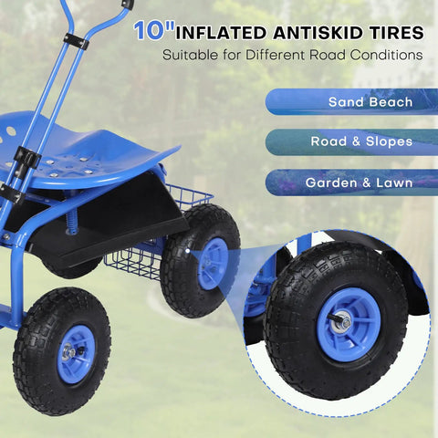 Rolling Garden Work Seat with wheels, 360-degree swivel stool, steering handle and tool tray, anti-skid inflatable tires