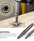 49 Piece Screw Extractor And Drill Bit Set For Removing Broken Studs, focusing on spiral flutes in action on a wooden surface