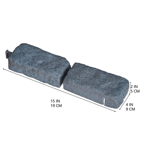Realistic Faux Stone Landscape Edging Kit with 24 Bricks, 15.5 Ft total, showing two gray bricks, 16.3 in L x 3.5 in W x 2 in H.