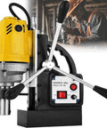 Portable Magnetic Drill Press 1100W with 1.5 Inch Boring Capacity and 2700LBS Magnetic Pull for Metalwork, showing heavy-duty steel drill.