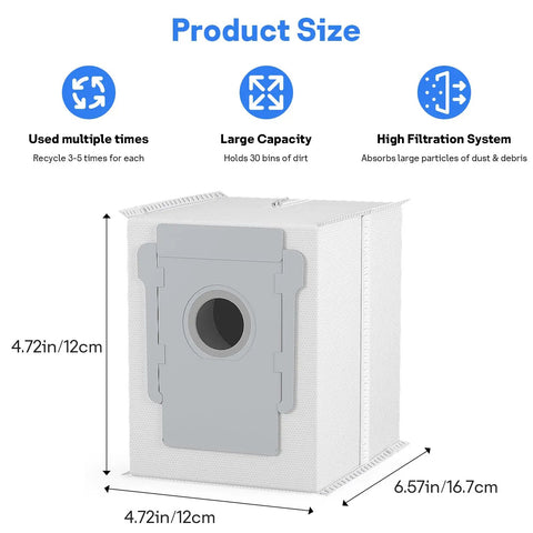 Product size image of Six Pack Reusable Vacuum Bags for Roomba I Series S Series J Series with dimensions and features.